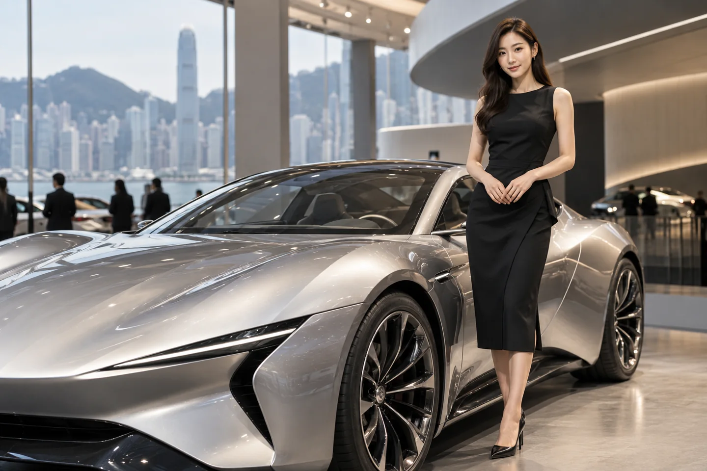 AI 情境示意:車模於汽車展覽展示銀色跑車