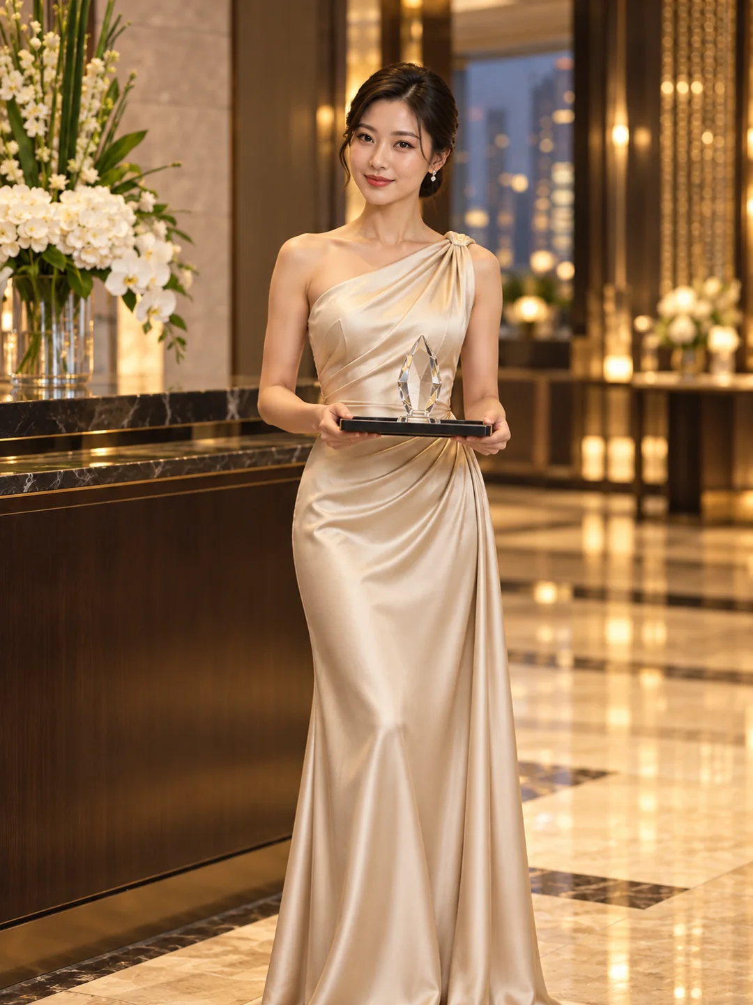AI 情境示意:一位穿香檳色長禮服的禮儀模特兒協助頒獎