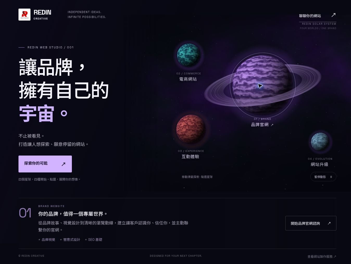 Redin Universe 互動原型，四顆服務星球